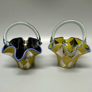 MacKenzie Childs Pair Glass Basket Maxines Circus Hand Painted Harlequin Pattern